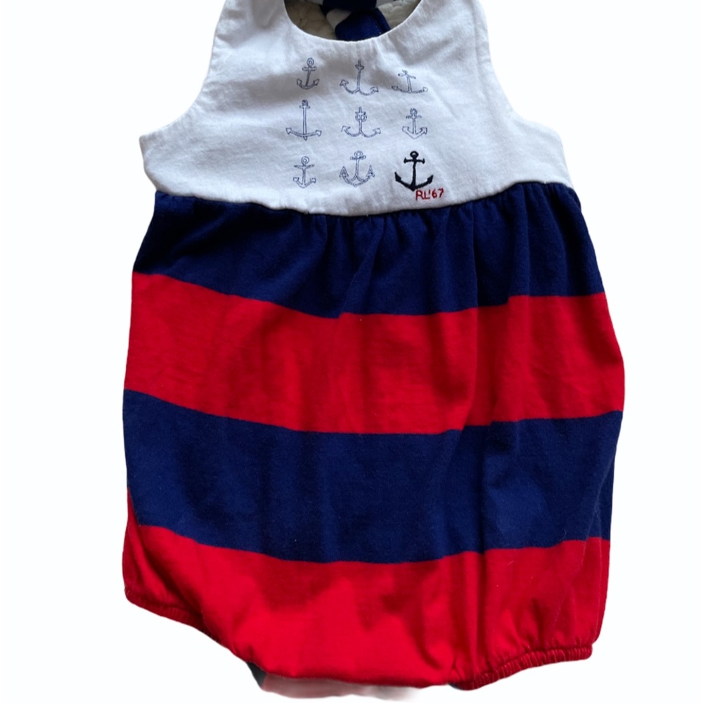 RALPH LAUREN 3 MONTHS ROMPER NAUTICAL STRIPES SUMMER JULY 4 RED WHI…